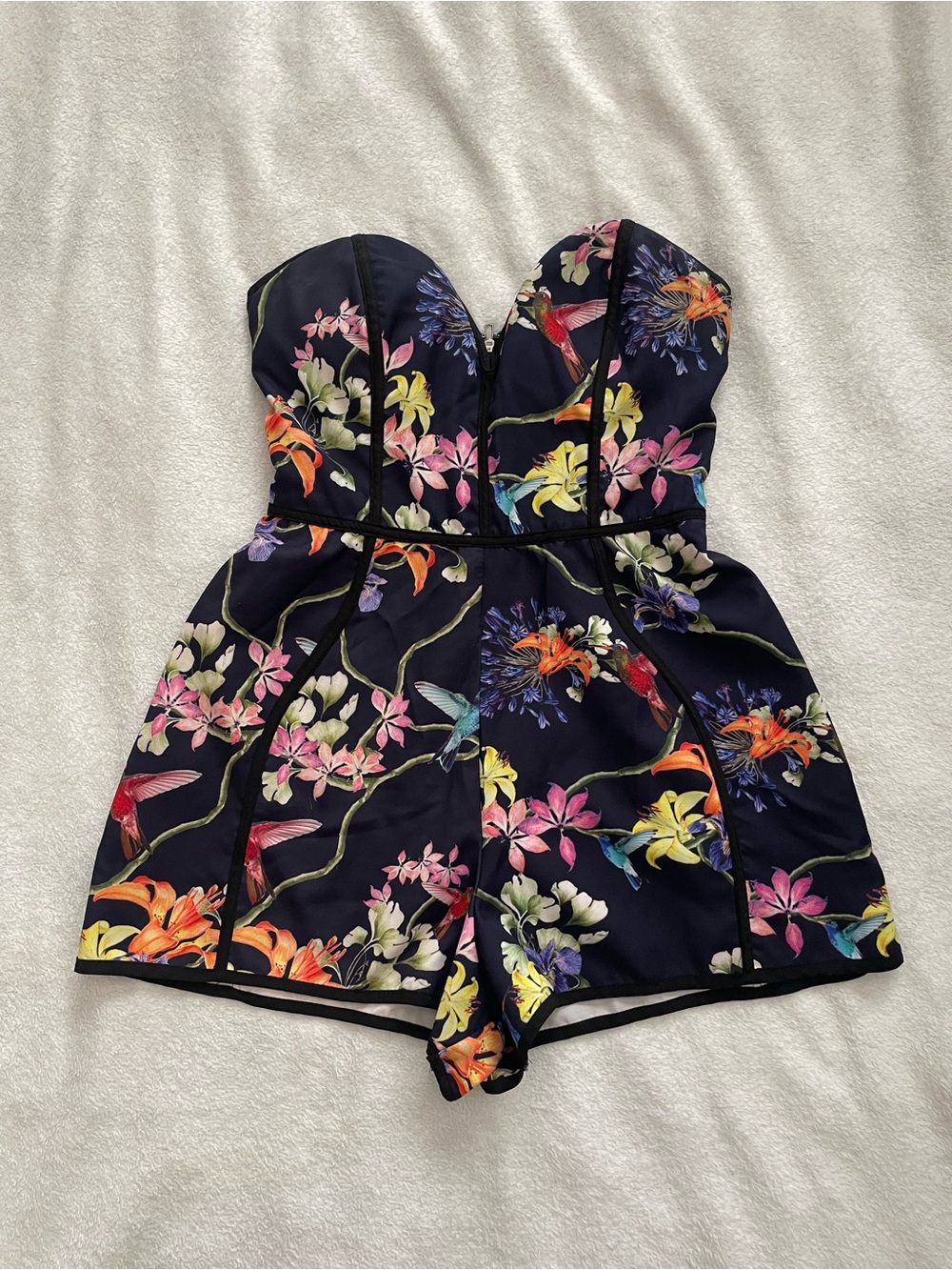 Angel Biba Navy Strapless Floral Romper with Multicolor Print